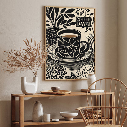 Coffee Day Linocut Style Poster