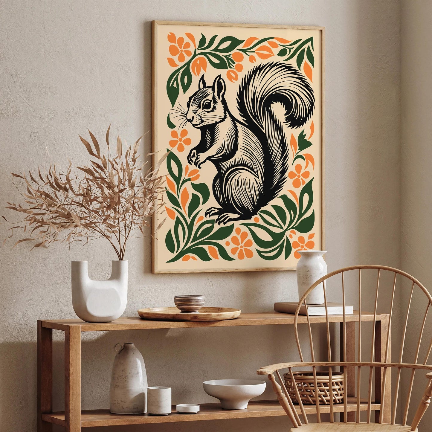 Cute Squirrel in Flowers Poster – Woodland Animal Wall Art