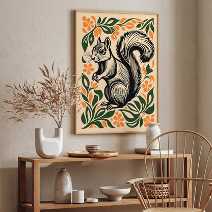 Cute Squirrel in Flowers Poster – Woodland Animal Wall Art