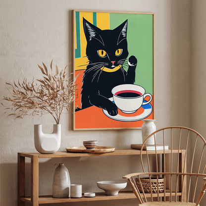 Black Coffee Cat Retro Print