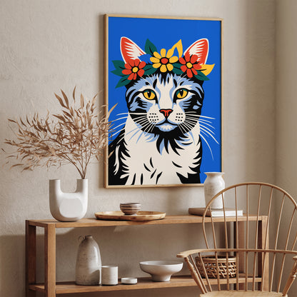 Cat with Flower Crown Blue Art Print