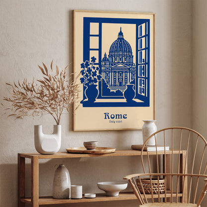 Rome Italy 1993 - Blue Linocut Style Wall Art Print