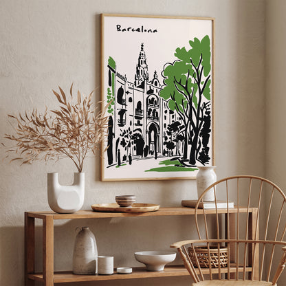 Barcelona Black Ink Painting Art Print