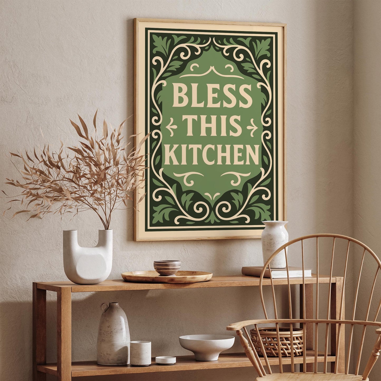Green Kitchen Poster - Bless This Kitchen Art