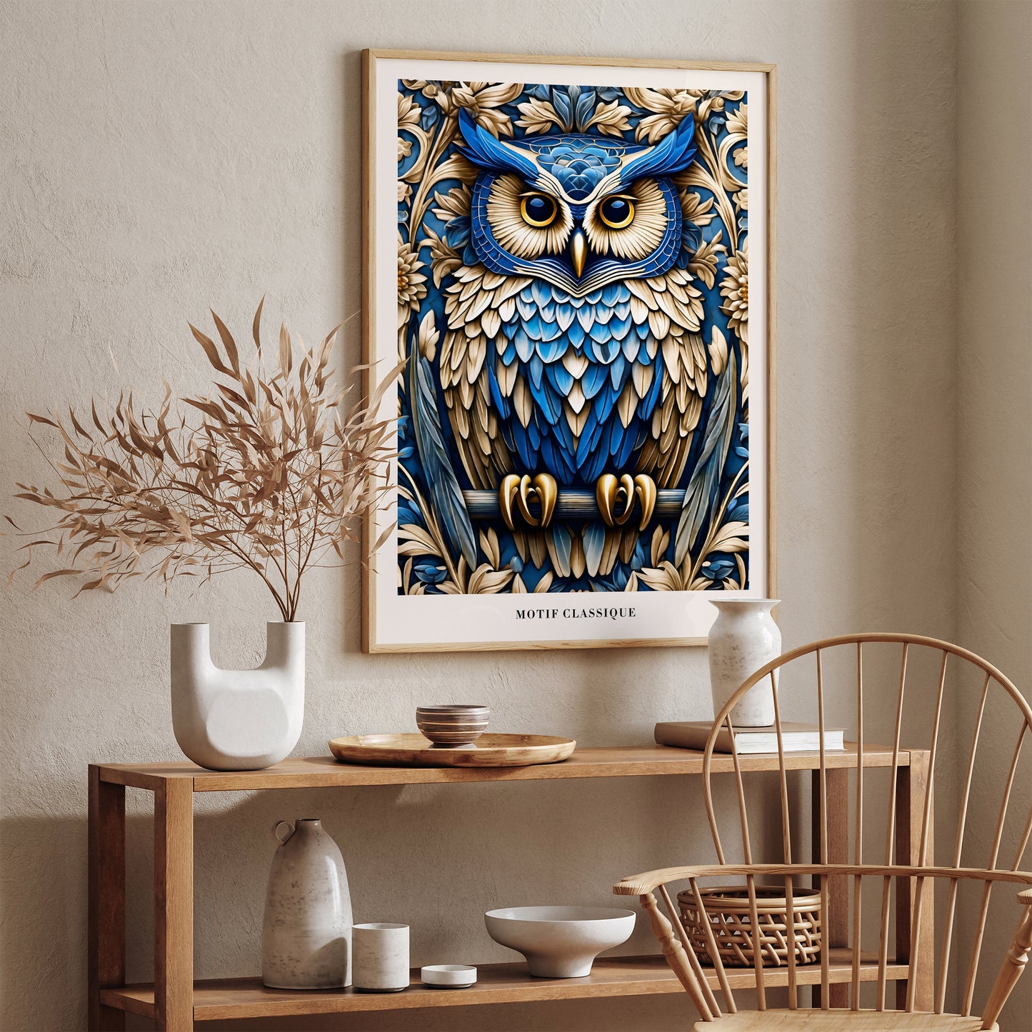 Blue Art Nouveau Owl Art Print