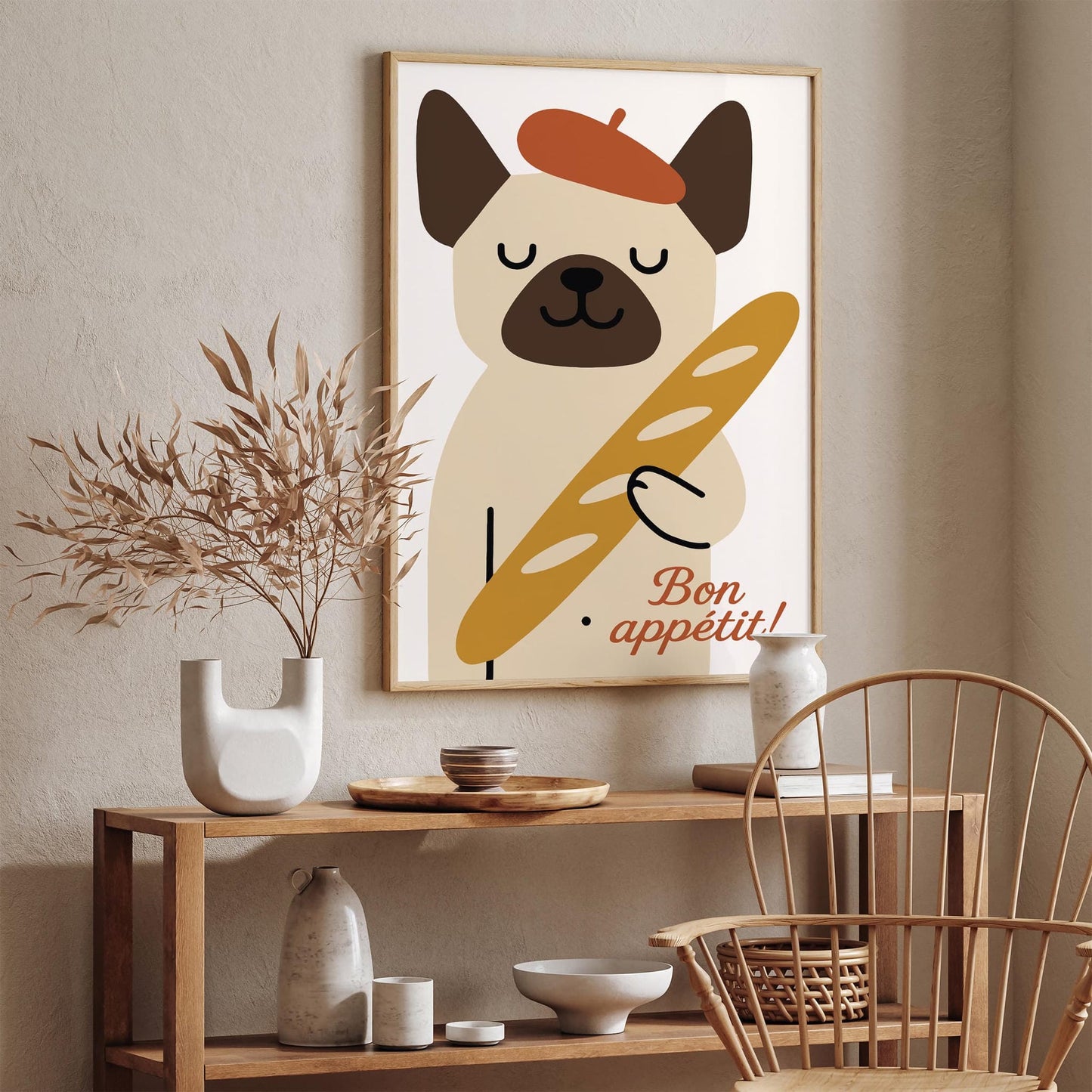 Bon Appetit! Cute Dog with Baguette Poster