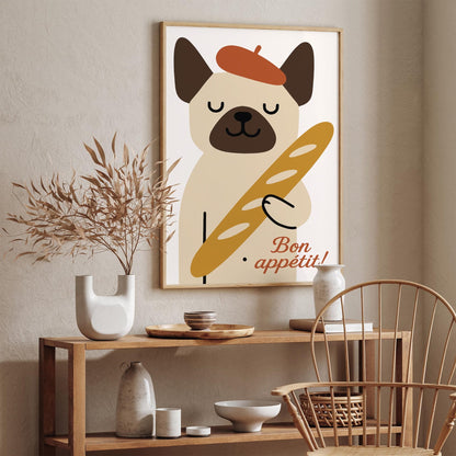 Bon Appetit! Cute Dog with Baguette Poster