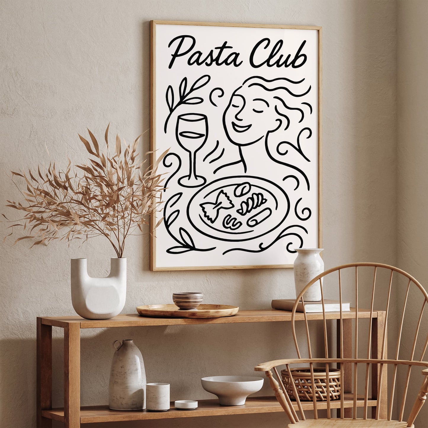 Pasta Club Poster - BW Line Art Italian Food Art Print