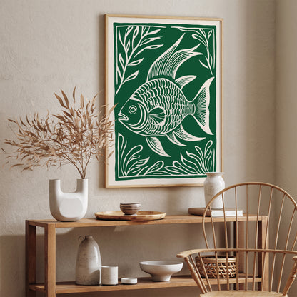 Retro Linocut Fish Poster - Vintage Wall Art