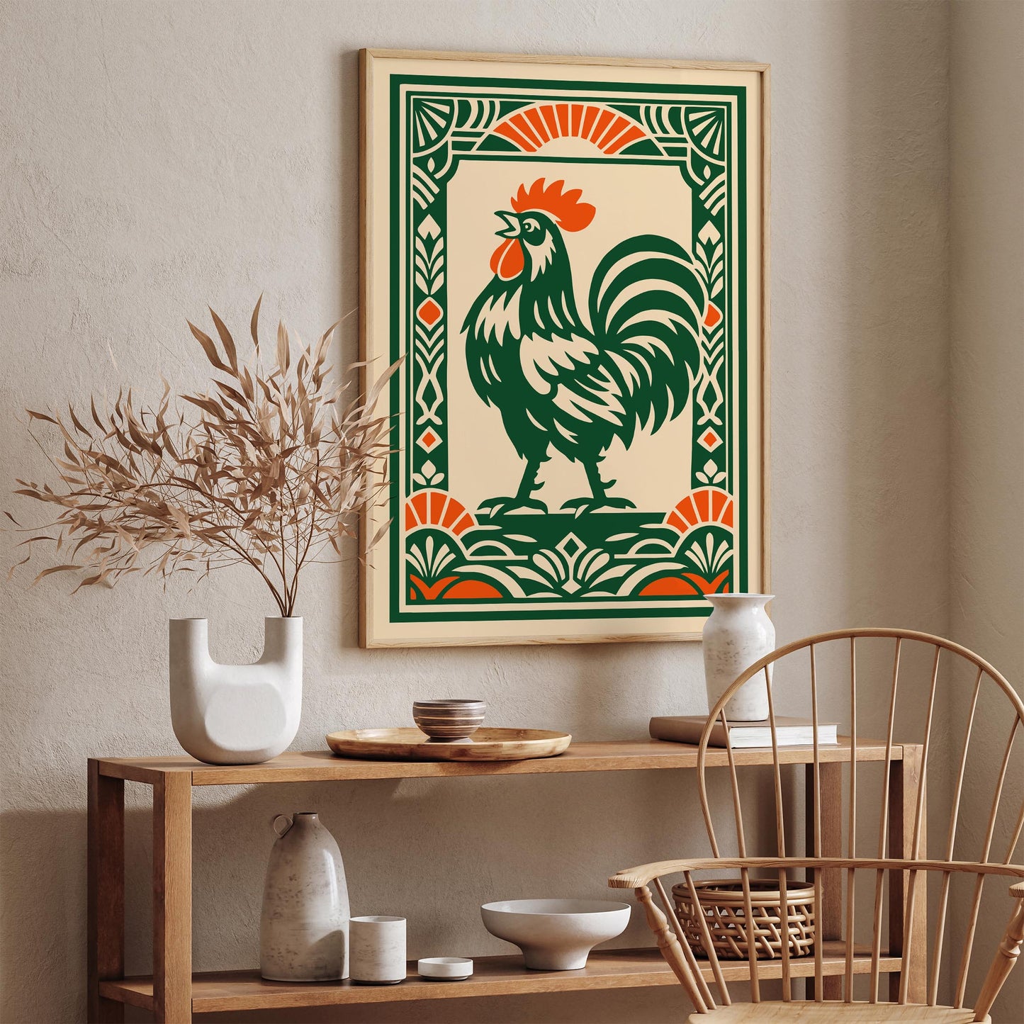 Green Rooster Art Deco Wall Art Print – Kitchen Decor