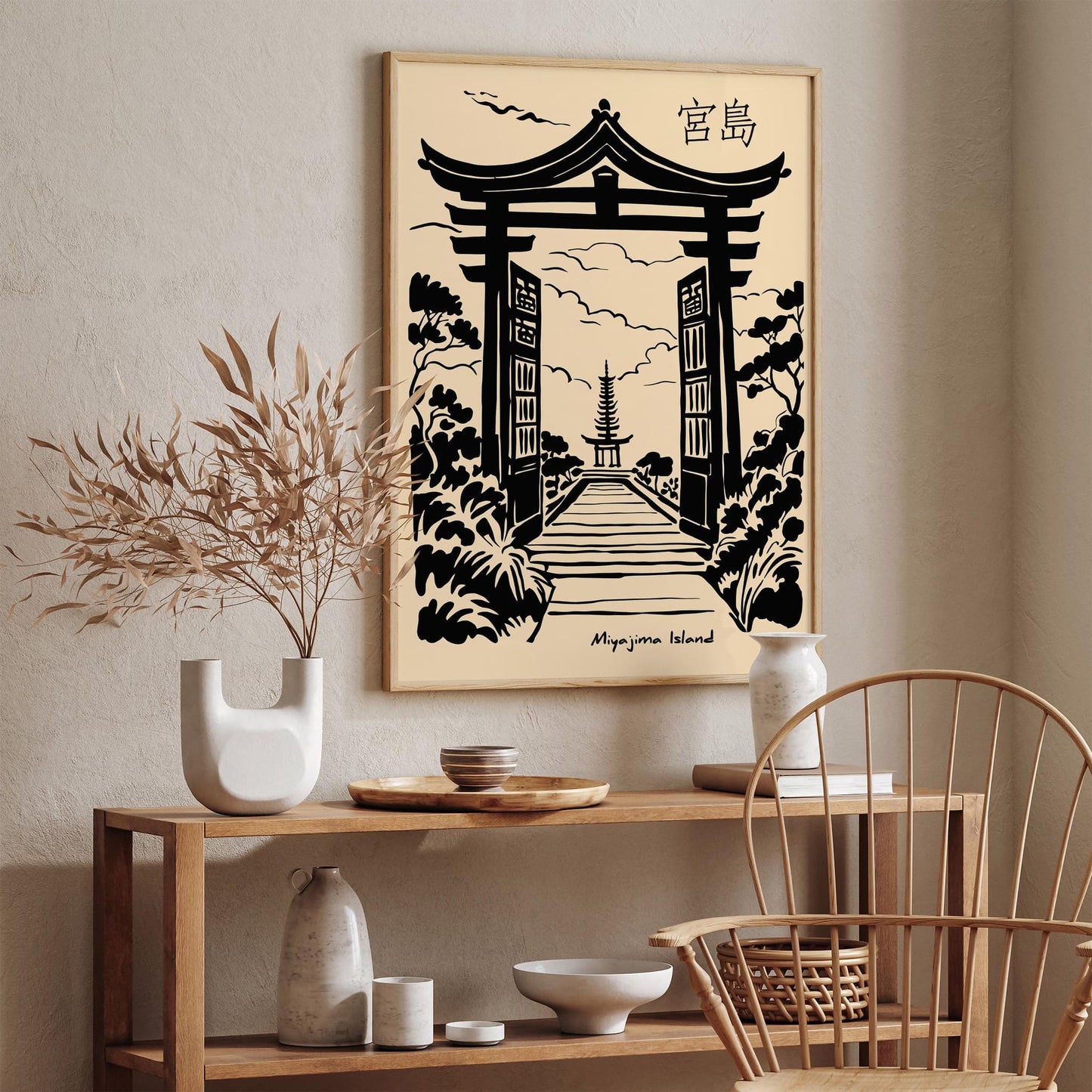 Miyajima Island Tori Gate Black Ink Poster