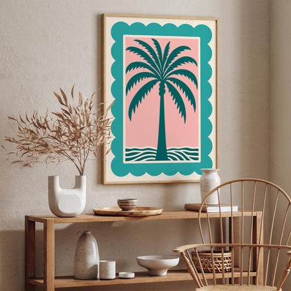 Palm Tree Pink Teal Poster - Retro Tropical Beach Wall Art