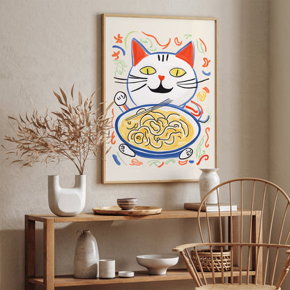 Cute Cat Eating Noodles Art Poster