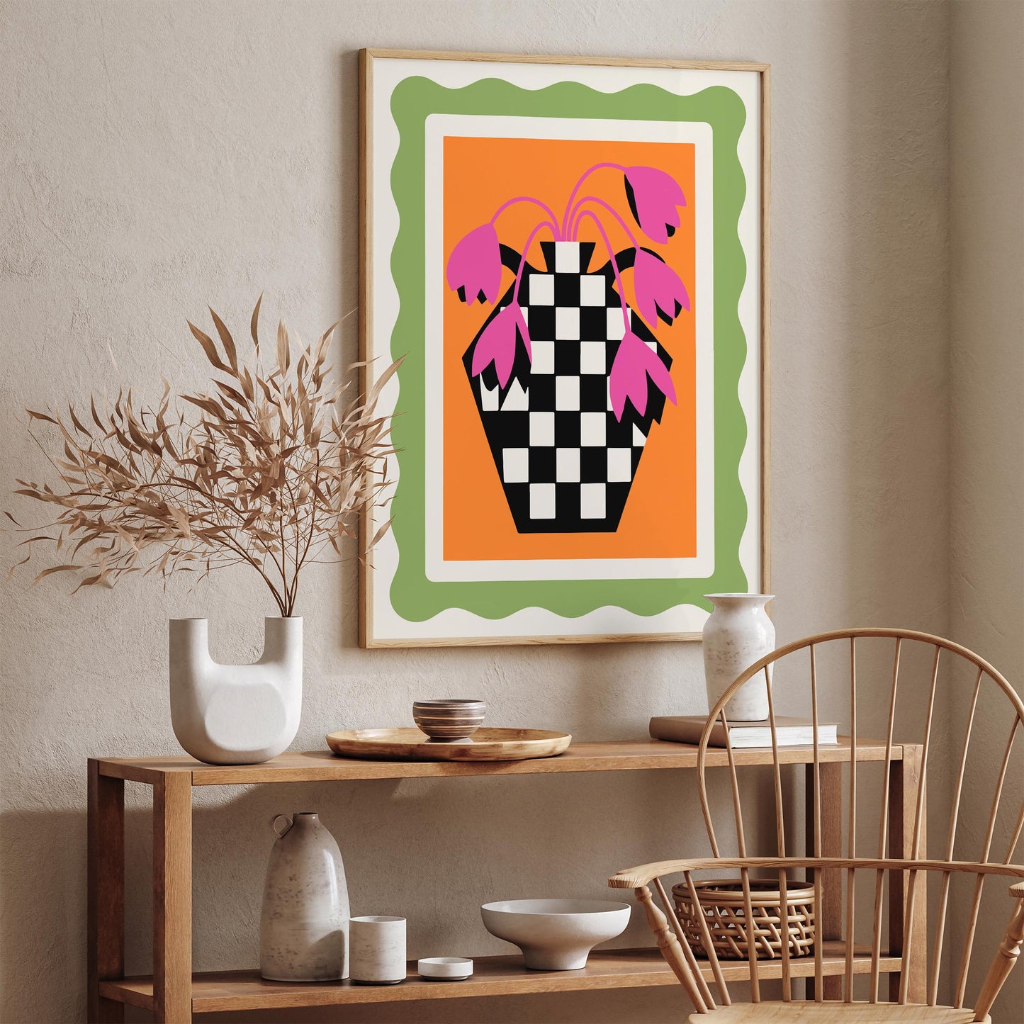 Retro Tulips Poster - Pink Floral Checkerboard Wall Art