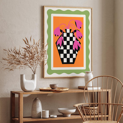 Retro Tulips Poster - Pink Floral Checkerboard Wall Art