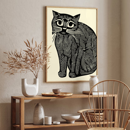 Linocut Chubby Cat Wall Art Print