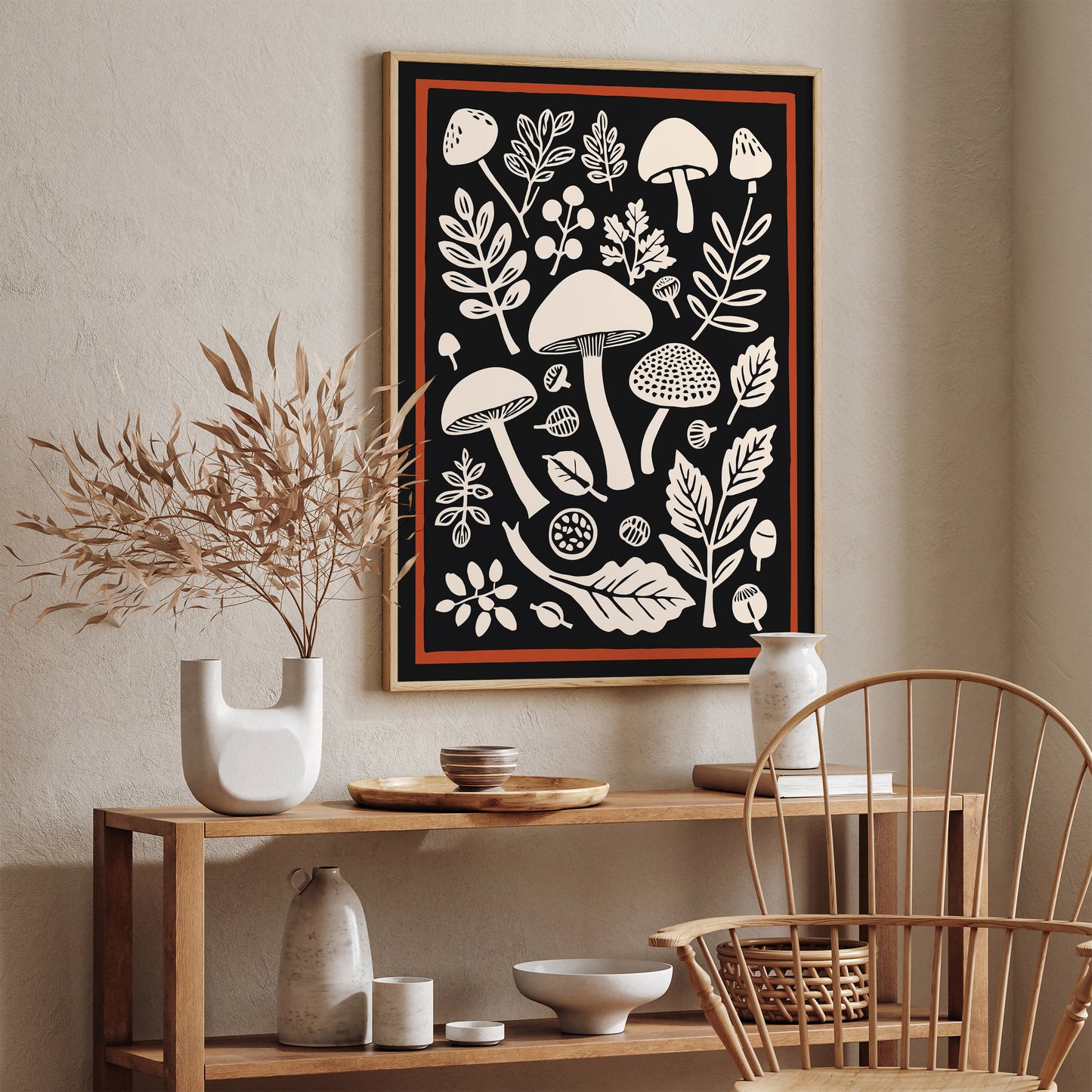 Vintage Forest Mushrooms Black Wall Art