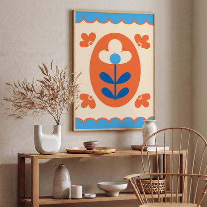 Folk Flower Poster - Blue and Orange Floral Print
