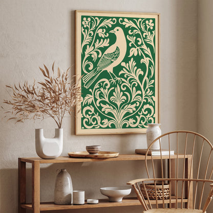 Green Rococo Bird in Floral Pattern Poster