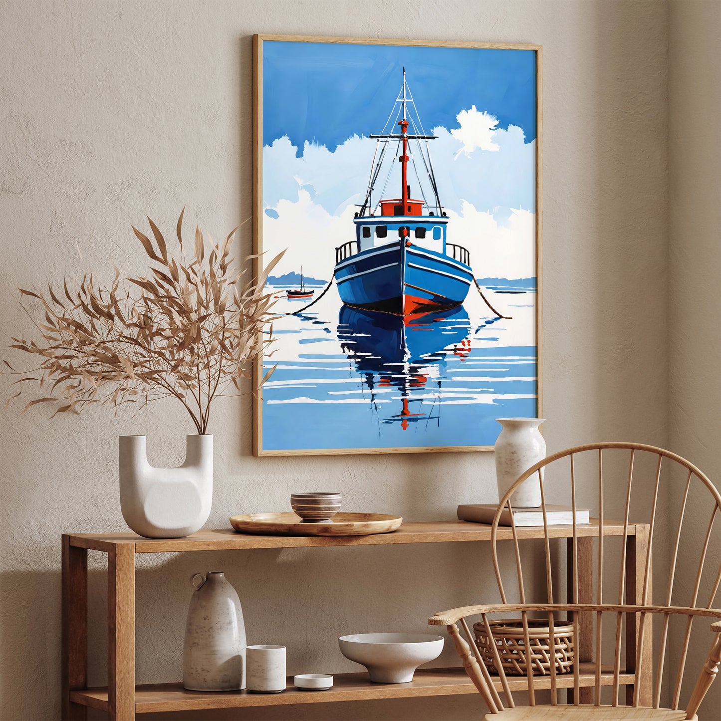 Boat On Ocean Blue Painting Print