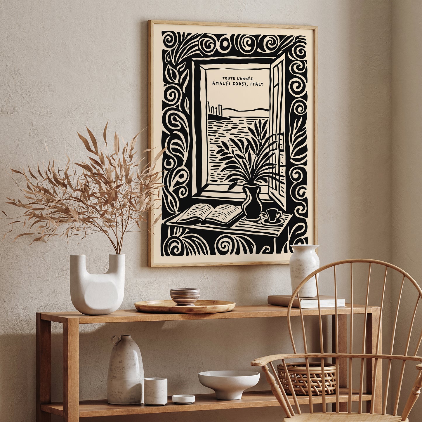 Amalfi Coast Black Ink Poster