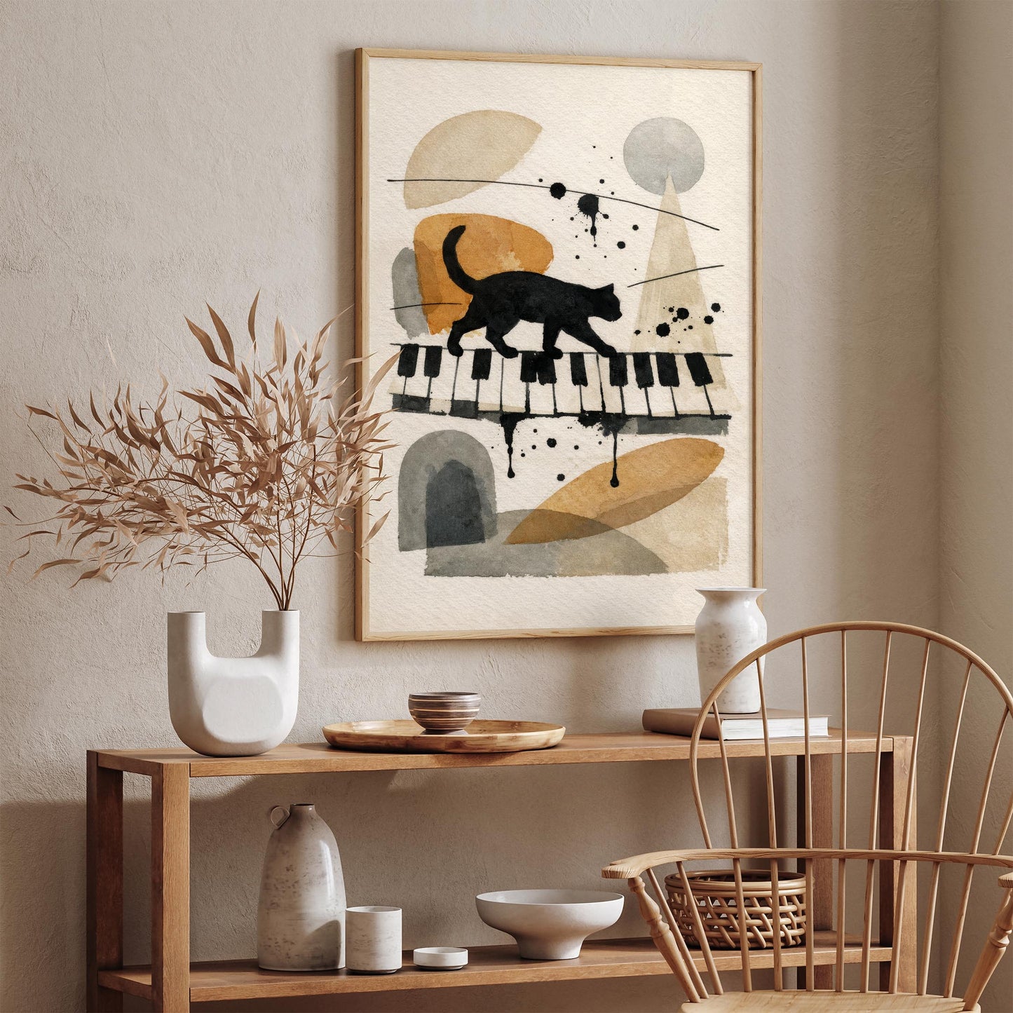 Black Cat on Piano Keyboard Art Print – Vintage Music Wall Art
