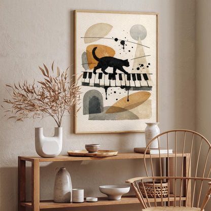 Black Cat on Piano Keyboard Art Print – Vintage Music Wall Art