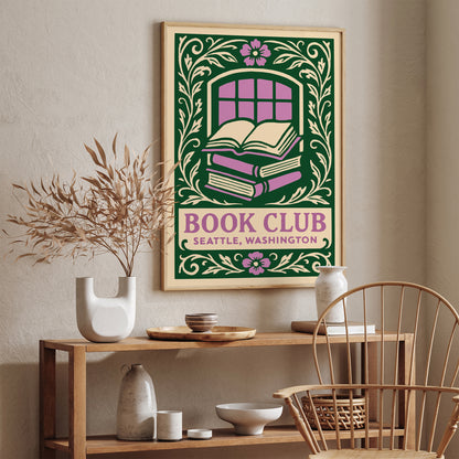 Book Club Seattle Poster - Floral Wall Art for Book Lovers
