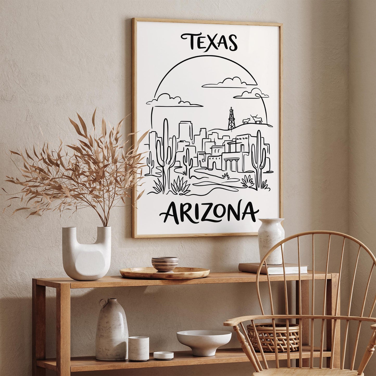 Texas Arizona Line Art BW Poster