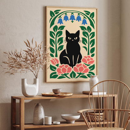 Black Cat Floral Poster