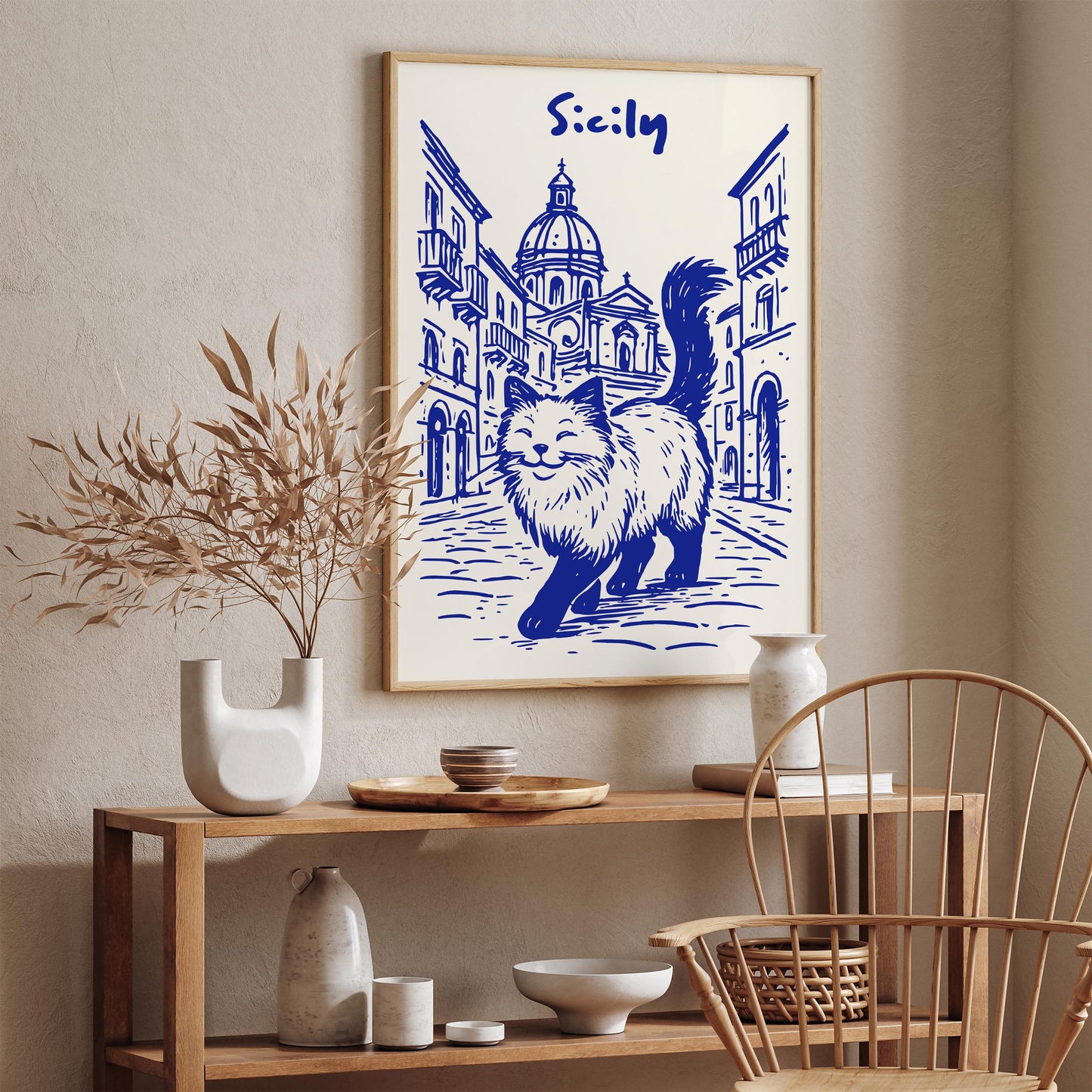 Sicily Blue Poster - Funny Cat Walking in Italy