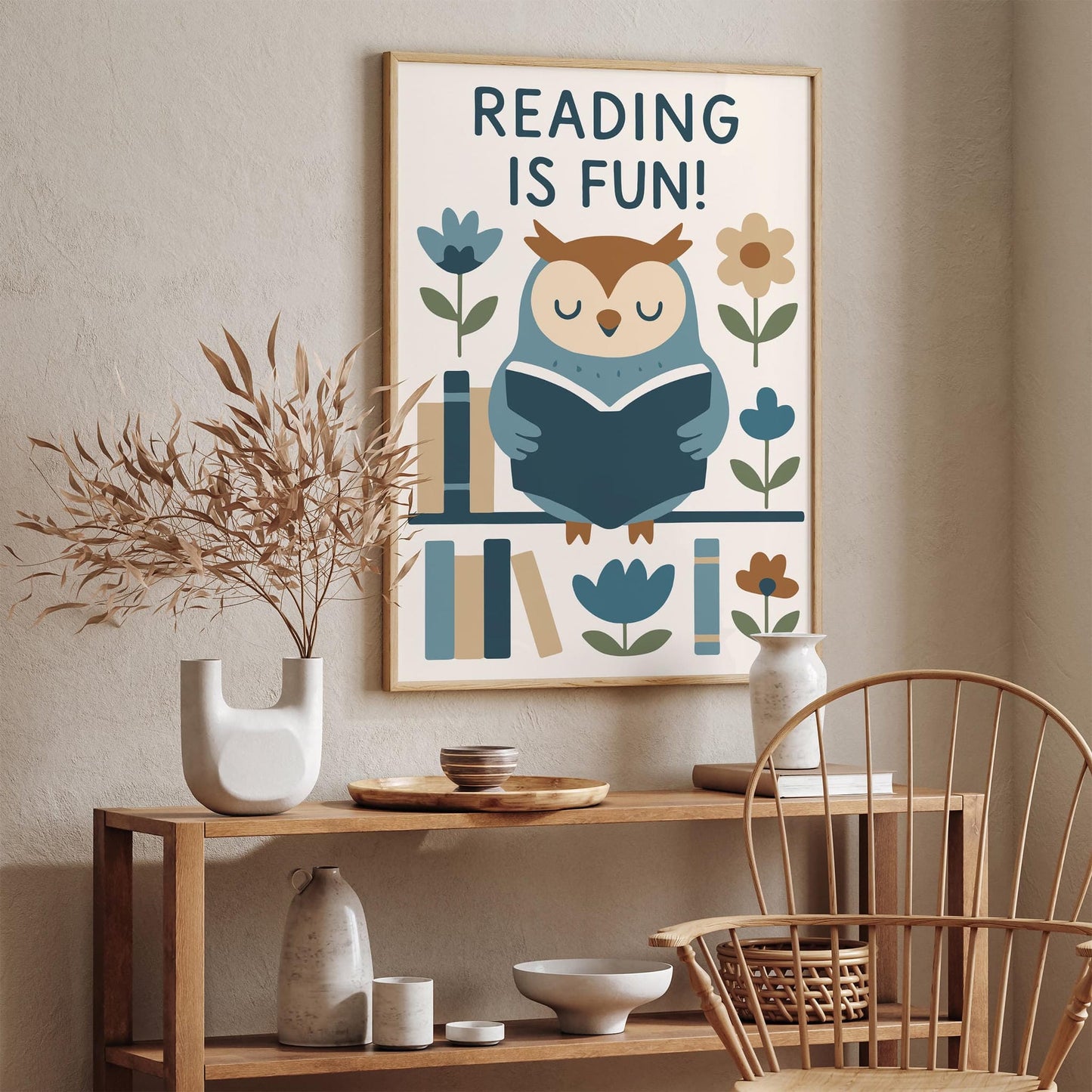 Reading is Fun! Poster - Blue Owl Art Print