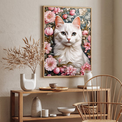 Elegant White Cat in Flowers Poster