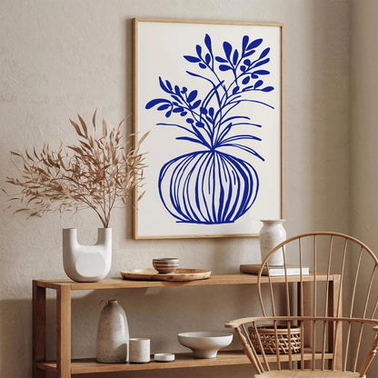 Modern Minimalist Line Art Blue Plant Poster – Botanical Wall Print