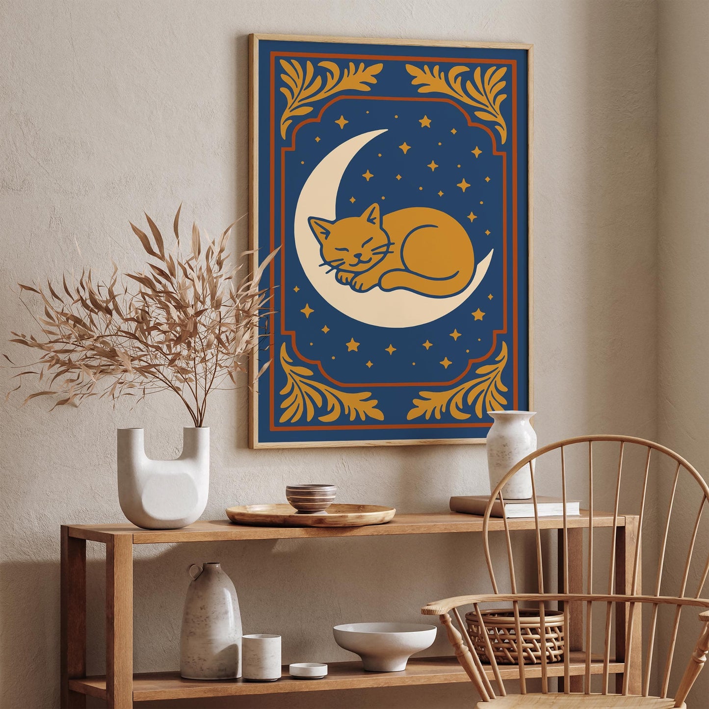 Sleeping Cat on the Moon Poster - Bedroom Wall Decor