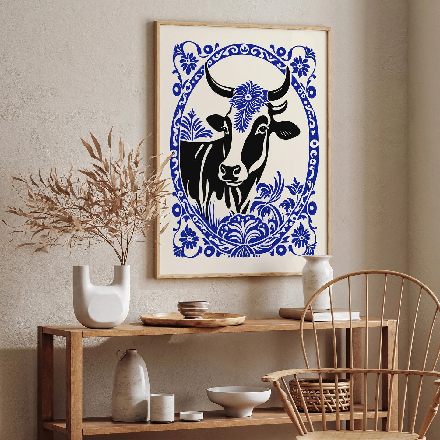 Blue Rococo Elegant Cow Portrait Art Print