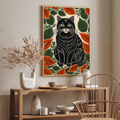 Black Cat in Fall Leaves Art Print 2025