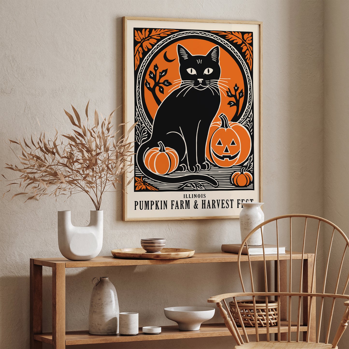 Black Cat and Pumpkin Farm Poster