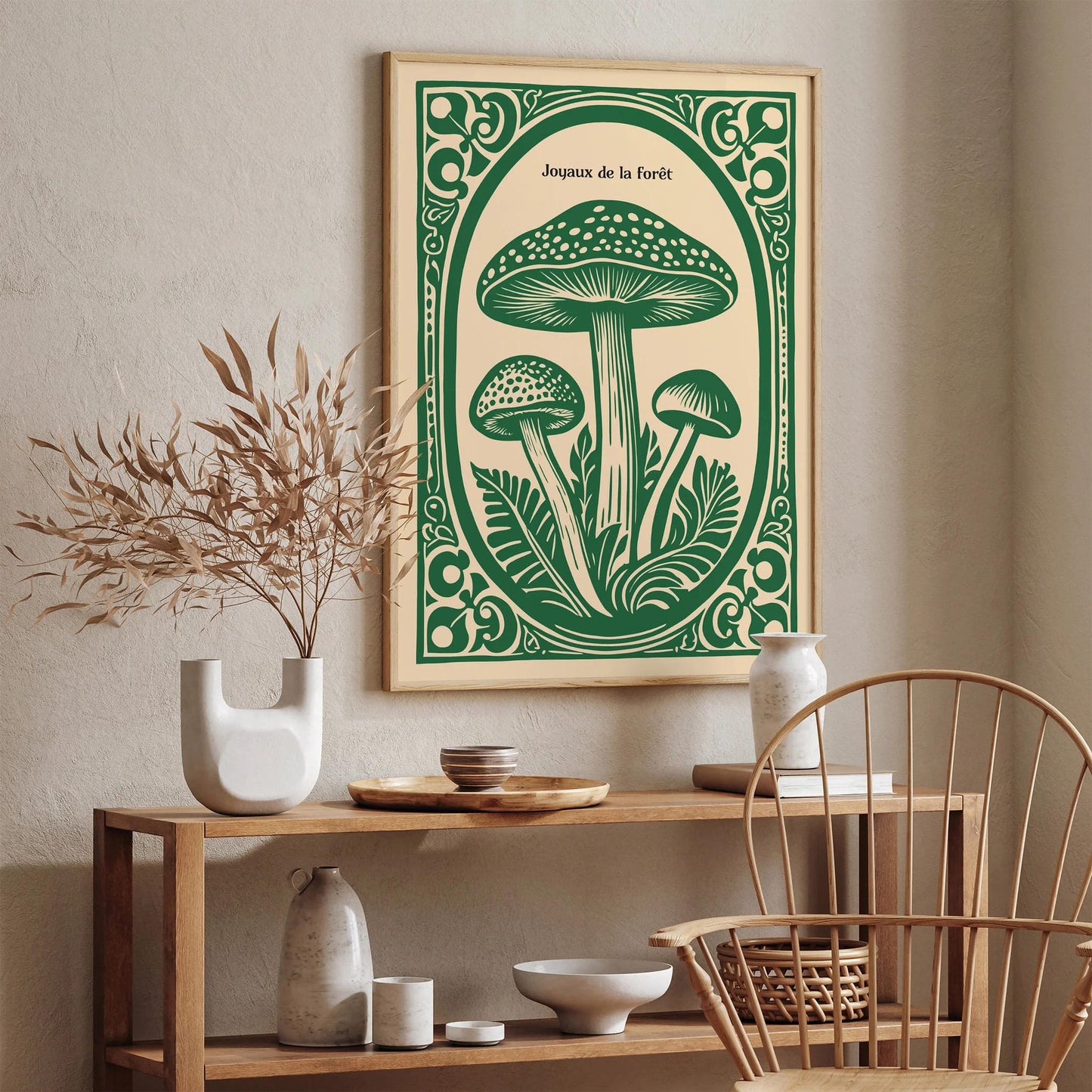 Forest Gems Green Linocut Mushroom Poster