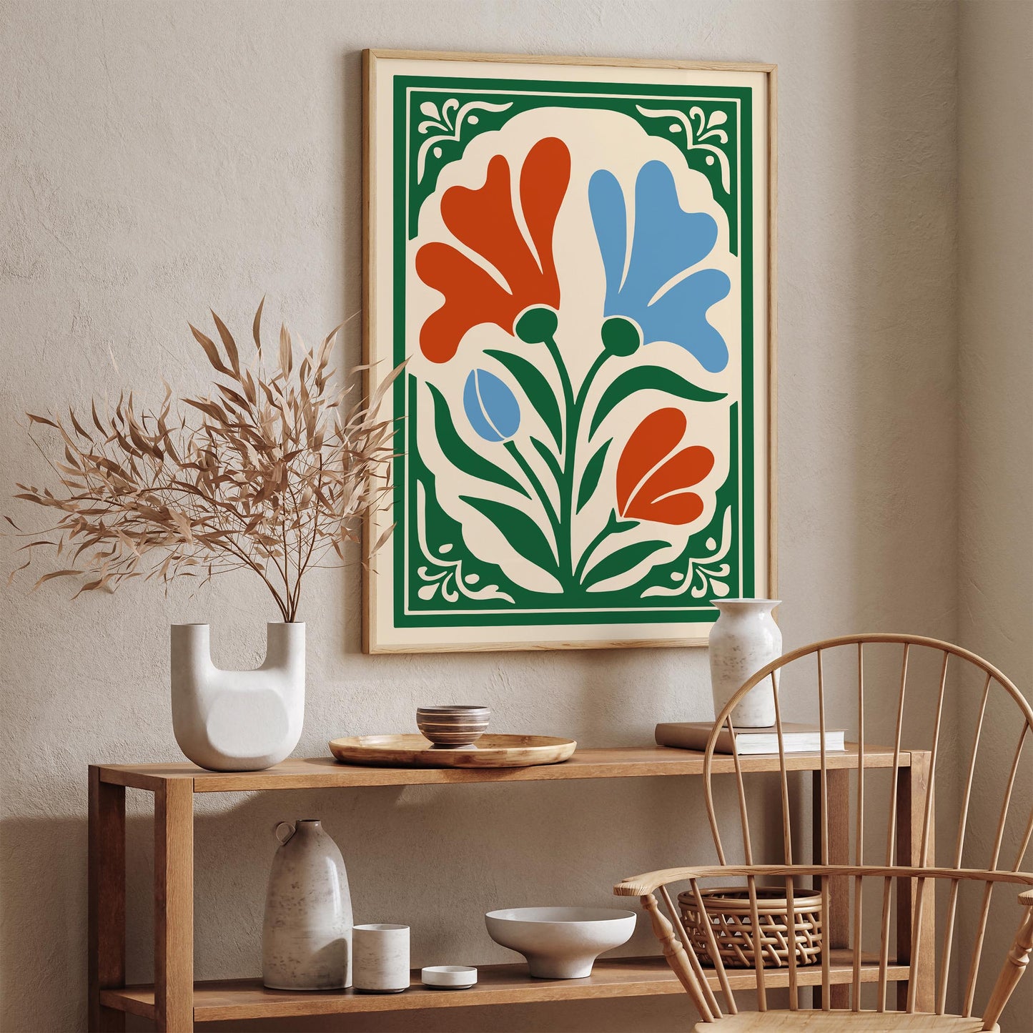 Blue and Red Floral Wall Art Print