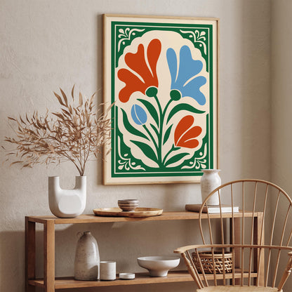 Blue and Red Floral Wall Art Print