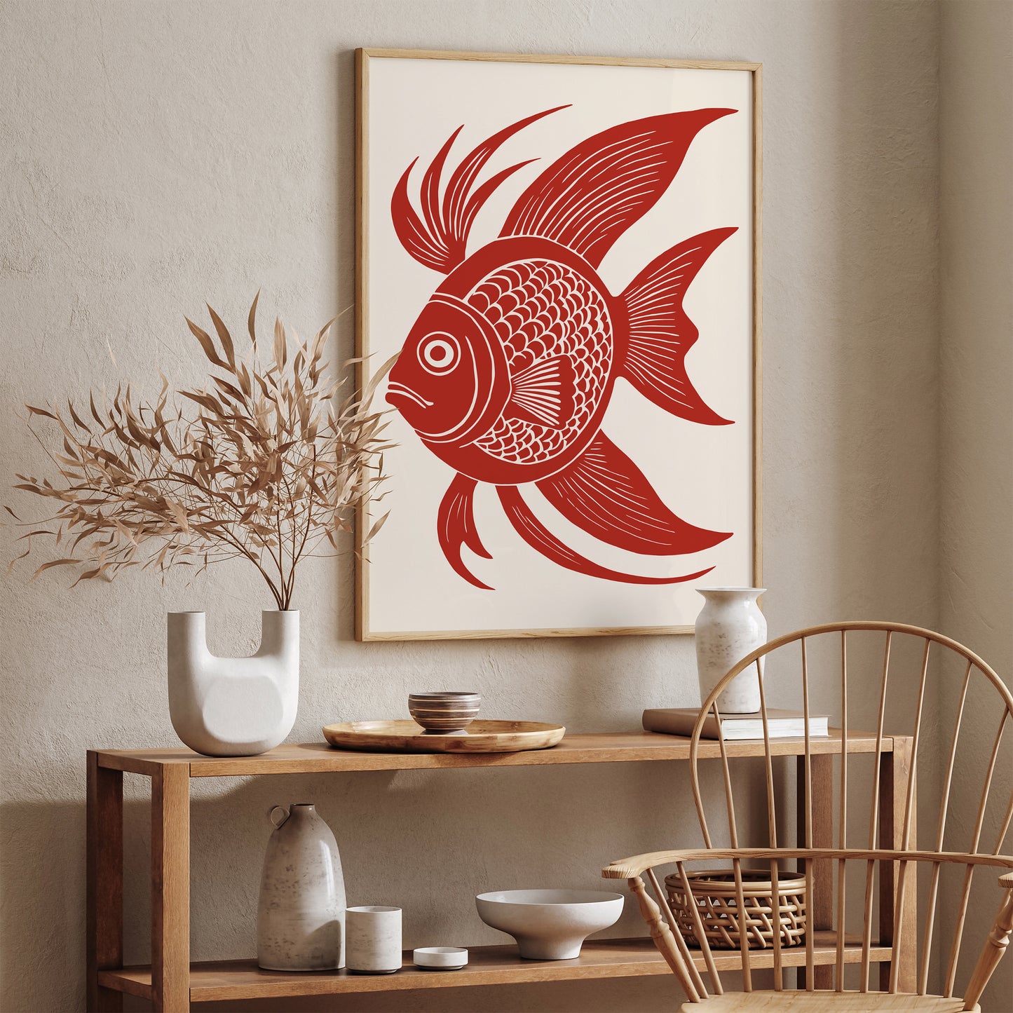 Retro Fish Linocut Print - Japanese Wall Decor