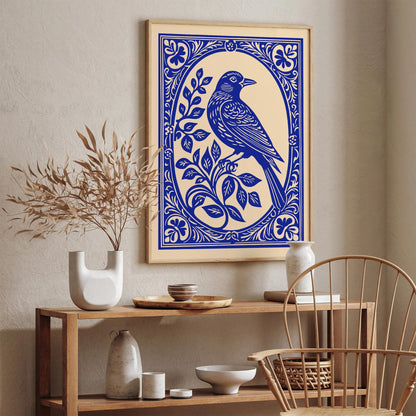 Blue Indigo Bird in Rococo Floral Frame Poster