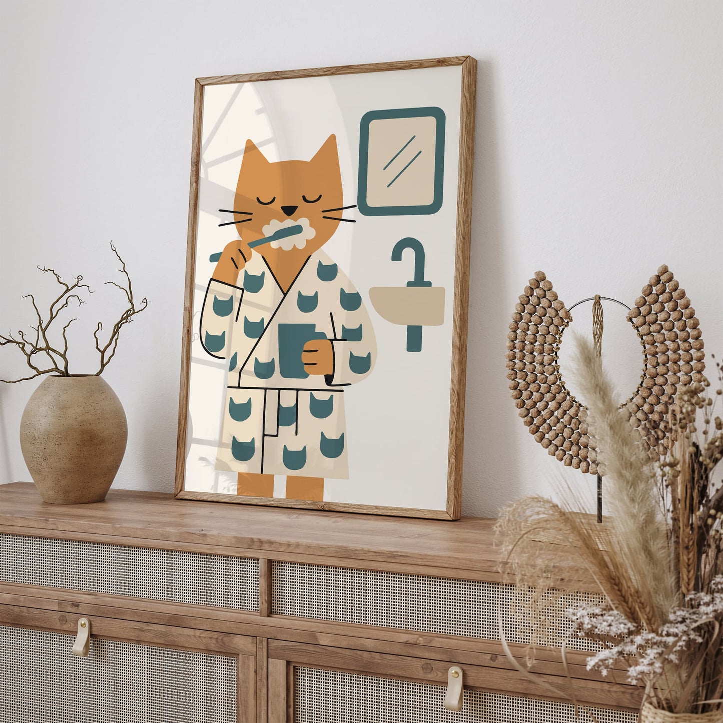 Cat Brushing Teeth Poster - Bathroom Wall Decor