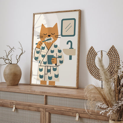 Cat Brushing Teeth Poster - Bathroom Wall Decor