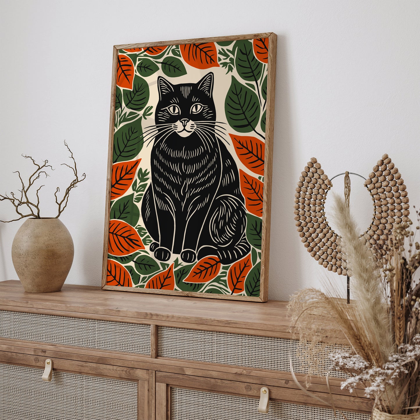 Black Cat in Fall Leaves Art Print 2025