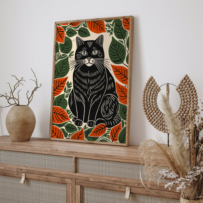 Black Cat in Fall Leaves Art Print 2025