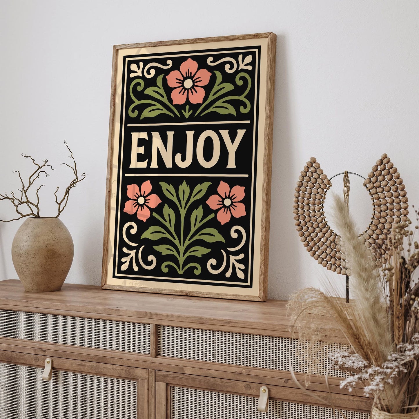 Enjoy Quote Poster, Black Rococo Floral Art Print