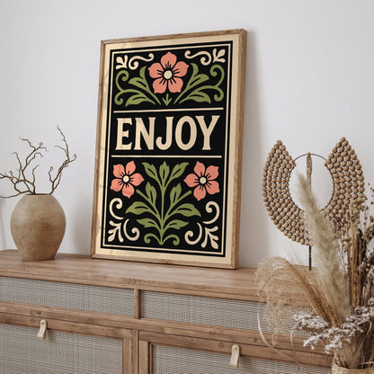 Enjoy Quote Poster, Black Rococo Floral Art Print