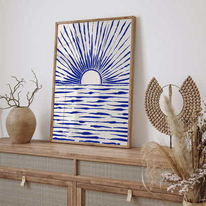 Indigo Blue Line Art Sunset Poster